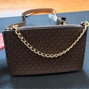 Michael Kors Brown Logo-Print Belt Bag with Gold Chain